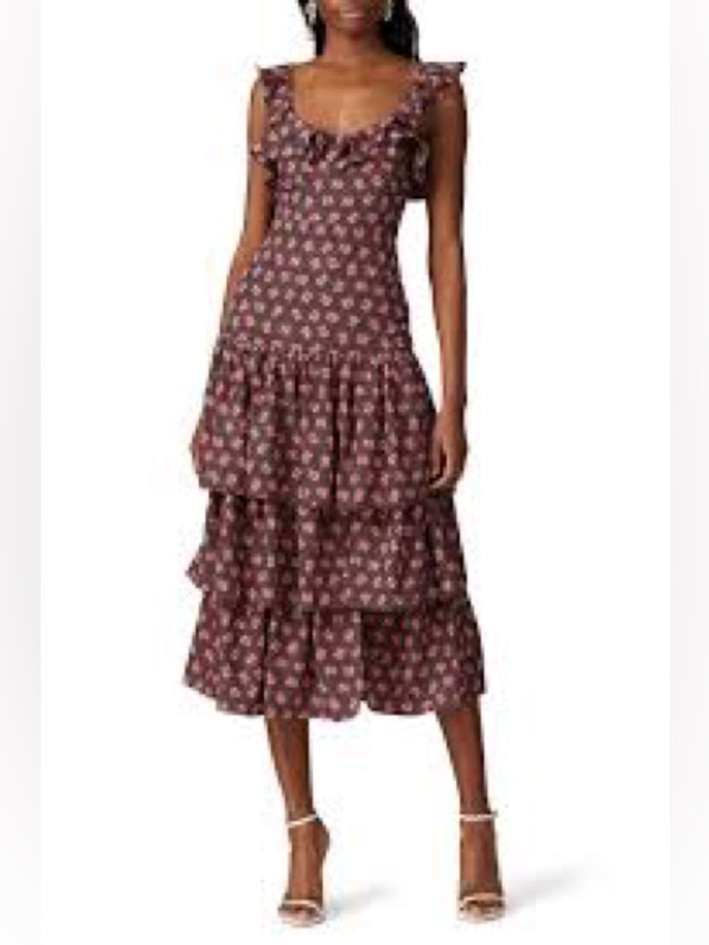 Likely Janie Midi Dress‎ Floral Ruffle Tiered Sleeveless Maroon Pink Size 2